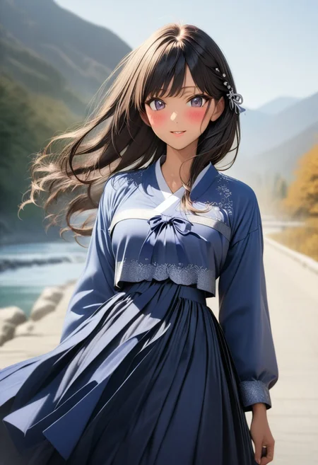 gorgeous lips, cinematic, (masterpiece), (best quality), (ultra-detailed), very aesthetic, illustration, perfect composition, intricate details, absurdres, detailed face, (anime, masterpiece, intricate:1.3), (best quality, hires textures, high detail:1.2), brown eyes,
1girl, tan skin, very long black hair, side braid, wavy hair,medium breasts, perfecteyes, 8k, highest quality, ultra details,1girl, solo(blue and indigo korean style hanbok, indigo hanbok top, blue and silver hanbok skirt,:1.4), silver hair ribbon,walking on a mountain path along a flowing river, river going down the mountain, rocky river, mountainous land,happy, smiling, cinematic lighting, hair blowing in the wind, hanbok skirt blowing in wind, blush, (from front:1.4), cowboy shot, dawn time, mountain background