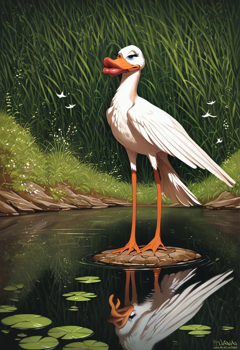 score_9, score_8_up, score_7_up, score_6_up, score_5_up, score_4_up, rating_safe,tpdne,source_cartoon,no humans,duck,bird,thick lips,wings,standing,solo.outdoors,pond,animal focus