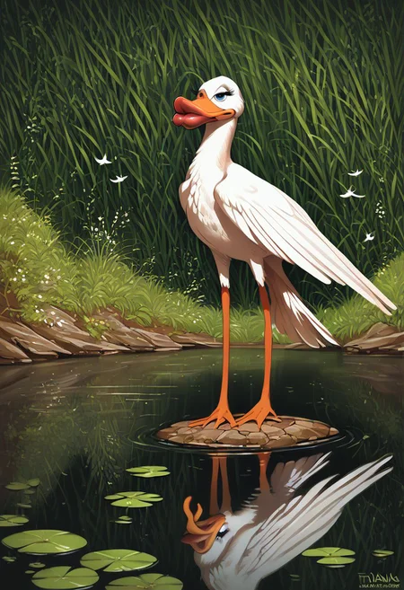 score_9, score_8_up, score_7_up, score_6_up, score_5_up, score_4_up, rating_safe,tpdne,source_cartoon,no humans,duck,bird,thick lips,wings,standing,solo.outdoors,pond,animal focus
