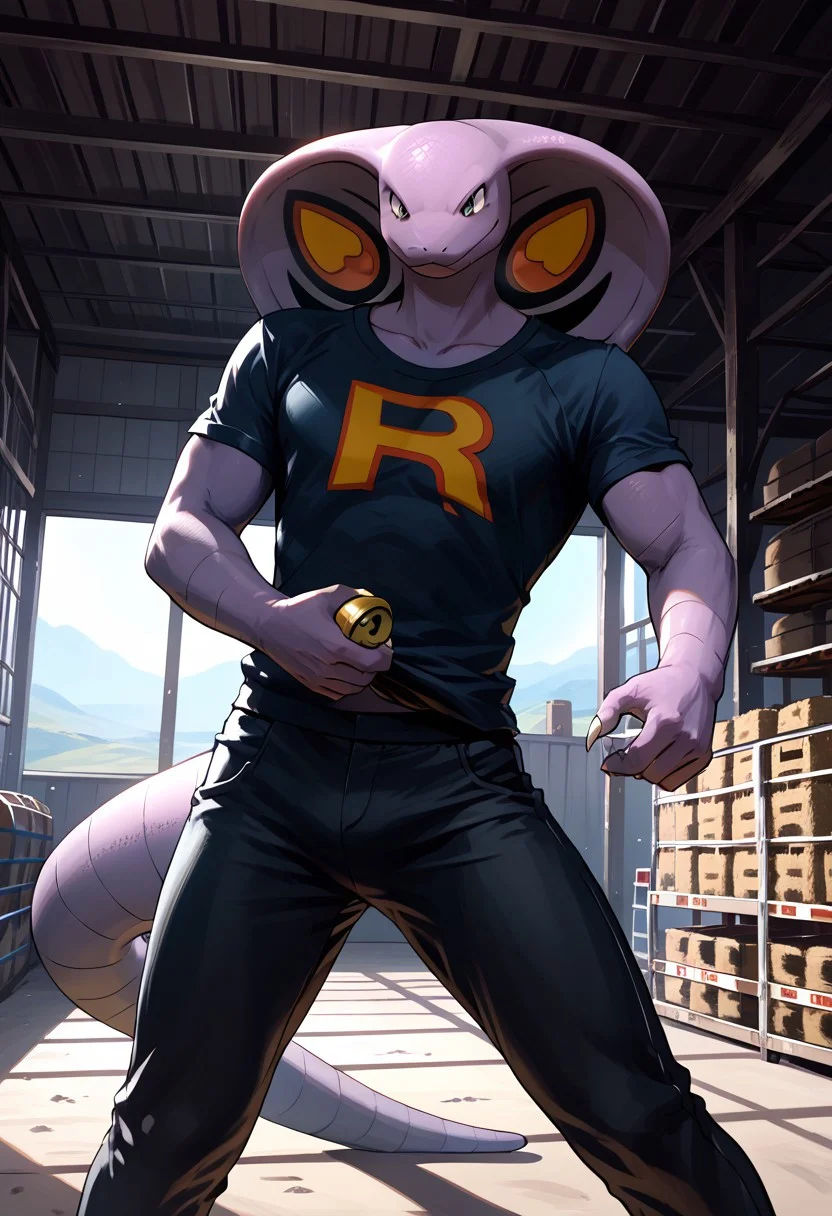 score_9, score_8_up, score_7_up, score_6_up, score_5_up, (dutch angle), (solo, male_focus), (arbok, snake, pokemon, anthro, wearing rocket sleeve shirt, black pants, black cap with red R), (holding a large vault, dynamic pose), (warehouse, indoor), (extremely detailed background, detailed landscape), (extremely detailed, masterpiece, high quality)