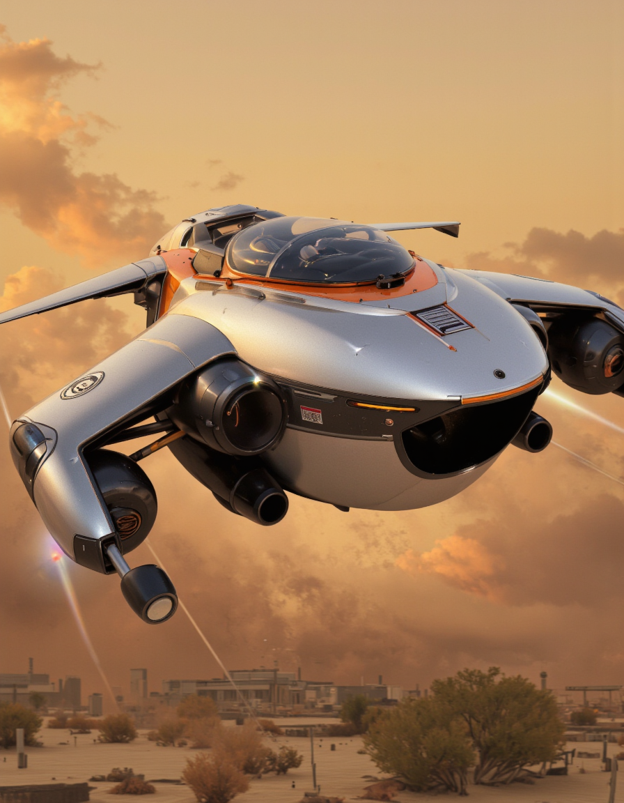 Art by Andrian Luchian. A photo-realistic shoot from a low angle about a futuristic flying vehicle in motion during sunset. the image also shows a desert landscape with distant buildings in the distance. on the middle of the image, a futuristic silver and black vehicle with a sleek design and orange accents is flying through the air. the vehicle has a large, open-top cockpit and a sleek, streamlined body with a low-slung design. it appears to be in motion, with its wings spread wide, giving it a sense of movement. the background is blurred, but it seems to be an outdoor setting with a sandy texture and distant buildings. the sky is orange and warm, with a few clouds scattered across it. the lighting is soft and diffused, casting gentle shadows on the vehicle.