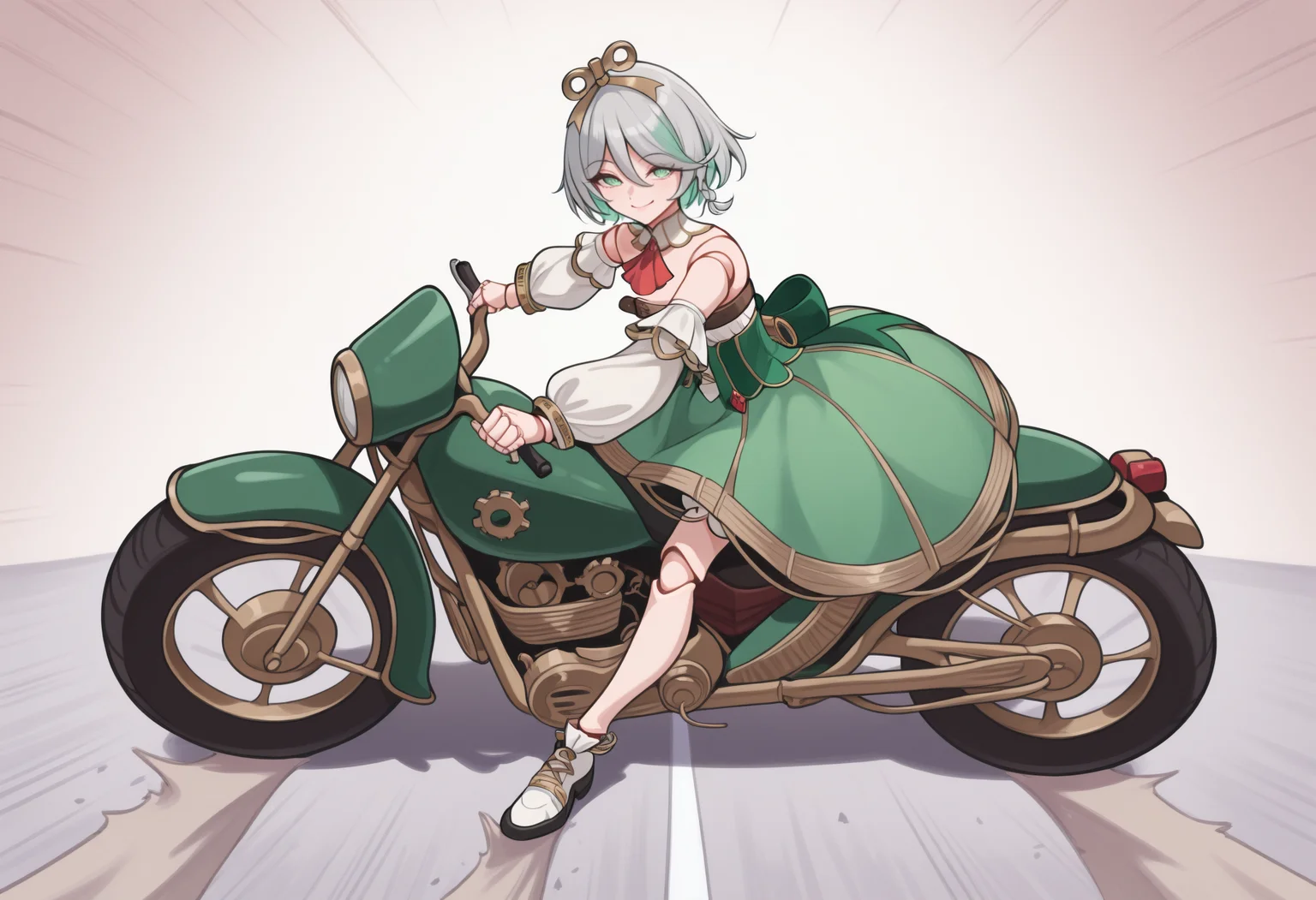 masterpiece, best quality, full body, solo, 1girl, Cec1l1aDef, smile, looking at viewer, ak1rasl1de, riding, motor vehicle, on motorcycle, green eyes, winding key hair ornament, doll joints, grey hair, colored inner hair, streaked hair, short hair, side braid, detached collar, red ascot, strapless dress, detached sleeves, chest belt, green corset, gears, green skirt, bloomers, white shorts under skirt, gold trim, road
<segment:yolo-Anzhc Face seg 640 v2 y8n.pt,0.4,0.5//cid=1>