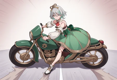 masterpiece, best quality, full body, solo, 1girl, Cec1l1aDef, smile, looking at viewer, ak1rasl1de, riding, motor vehicle, on motorcycle, green eyes, winding key hair ornament, doll joints, grey hair, colored inner hair, streaked hair, short hair, side braid, detached collar, red ascot, strapless dress, detached sleeves, chest belt, green corset, gears, green skirt, bloomers, white shorts under skirt, gold trim, road
<segment:yolo-Anzhc Face seg 640 v2 y8n.pt,0.4,0.5//cid=1>