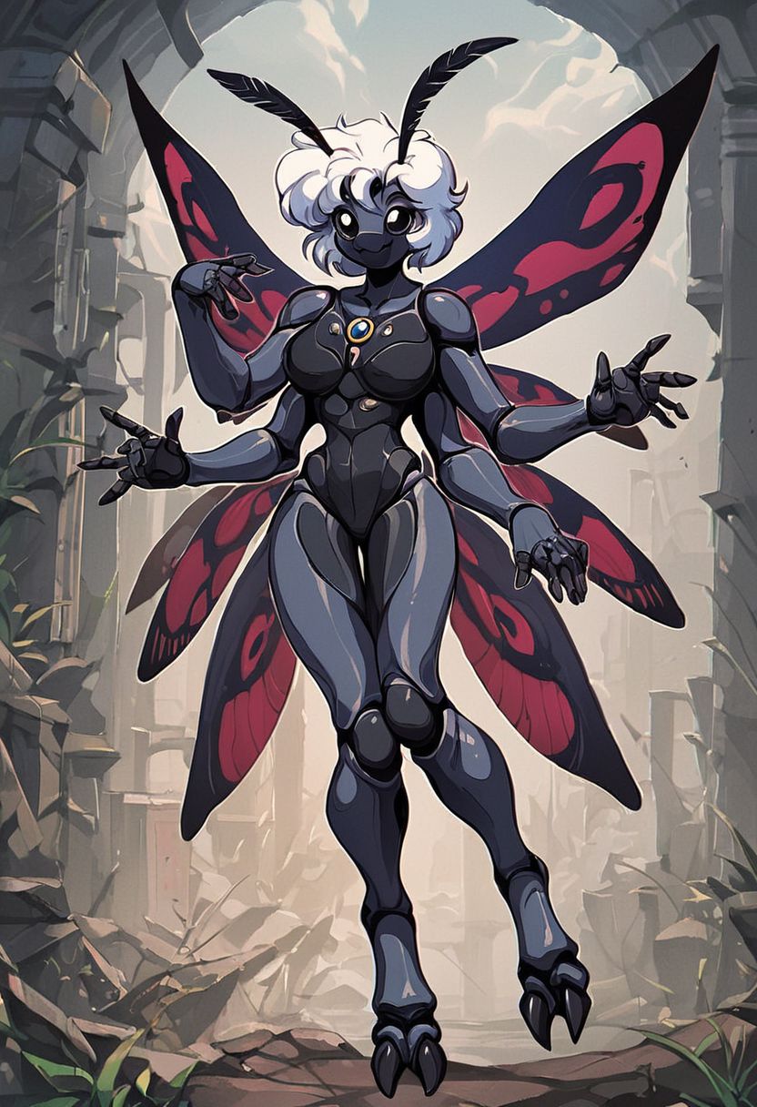 score_9, score_8_up, score_7_up, score_6_up, score_5_up, score_4_up, 
source_furry, rating_explicit, 
solo, female, 
brown and white body, fur, grey fur, fluffy, furred body,
short hair, white hair,
anthro, 
arthropod, insect, arthropod abdomen, black eyes, exoskeleton, joints
moth, lepidopteran, lepidopteran wings,
4 wings, multi wing, wings, 
2 antennae, antennae anatomy,
2 toes, toes, feet, digitigrade,
4 arms, 5 fingers, fingers, multi arm, 
smile, pose,
 ruins,
detailed background, digital art, hi res, detailed, fantasy art,
Vintage, 1990s \(style\), 90s4n1m3, retro artstyle
