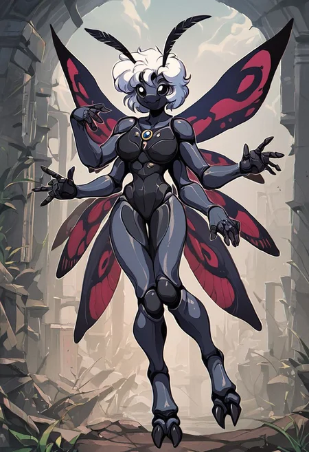 score_9, score_8_up, score_7_up, score_6_up, score_5_up, score_4_up,
source_furry, rating_explicit,
solo, female,
brown and white body, fur, grey fur, fluffy, furred body,
short hair, white hair,
anthro,
arthropod, insect, arthropod abdomen, black eyes, exoskeleton, joints
moth, lepidopteran, lepidopteran wings,
4 wings, multi wing, wings,
2 antennae, antennae anatomy,
2 toes, toes, feet, digitigrade,
4 arms, 5 fingers, fingers, multi arm,
smile, pose,
ruins,
detailed background, digital art, hi res, detailed, fantasy art,
Vintage, 1990s \(style\), 90s4n1m3, retro artstyle