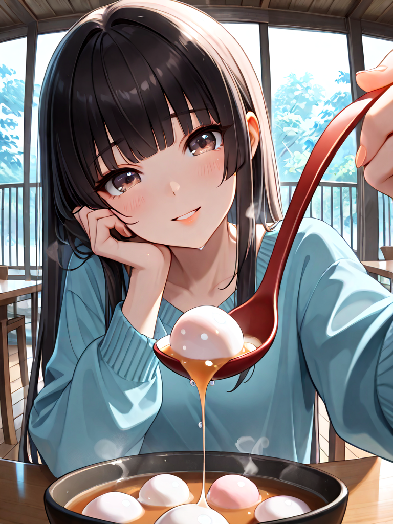 absurdres, explicit, tangyuan feeding, incoming food, blurry foreground, fisheye, pov, 1girl, shy, smile, holding spoon, hand up, sitting, soup, table, steam, steaming food, close-up, foreshortening, reaching towards viewer, hime cut, copper hair, parted lips, milf, head tilt, rain, water drop, overhead view, aerial view, <lora:girlliketangyuanfeeding_ilxl:0.8>