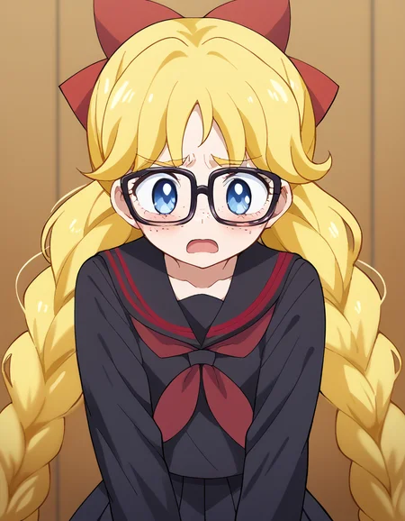 score_9, score_8_up, score_7_up, source_anime, <lora:minako-aino-eternal-movie1-ponyxl-lora-nochekaiser:1>, minako aino, blonde hair, blue eyes, bow, hair bow, half updo, long hair, red bow, tiara,, <lora:jimiko-ponyxl-lora-nochekaiser:1>, jimiko, glasses, black-framed eyewear, messy, unkempt, thick eyebrows, twintails, braids, freckles, baggy eyes,, blush, open mouth, embarrassed, classroom, adjusting eyewear, serafuku, black serafuku, red neckerchief, skirt, black skirt, pleated skirt, cowboy shot, <lora:averting-eyes-ponyxl-lora-nochekaiser:1>, averting eyes,