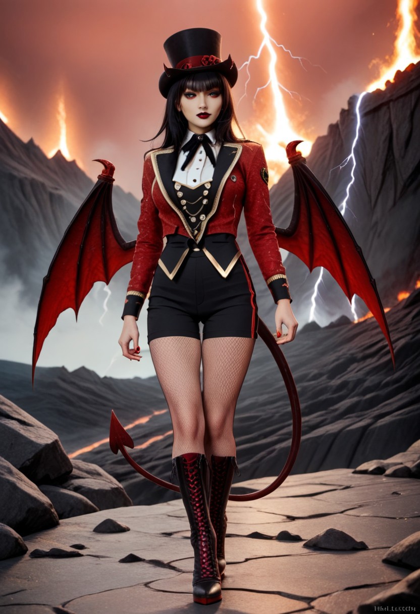 A 35mm photo of a beautiful slim woman, she is a reptilian demon , pale red demon skin with orange belly skin and inner thighs, black demon horns, clawed demonic hands, digitigrade red demon hooves, spade tipped demon tail, standing in a volcano, long straight black hair, large green feline demon eyes, demonic wings, lit with a sickly green light, red sky, blue lightning, broad sexy curvy hips, slim waist, pert breasts, wearing a fitted red tailcoat and black yoga leggings
ruffled lingerie, lava, fire, volcano, lightning, hud_rngmstr,  black shorts, red long sleeve sequin short jacket, buttons, top hat, black neck ribbon, fishnet pantyhose, high heel boots