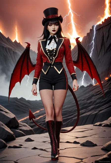 A 35mm photo of a beautiful slim woman, she is a reptilian demon , pale red demon skin with orange belly skin and inner thighs, black demon horns, clawed demonic hands, digitigrade red demon hooves, spade tipped demon tail, standing in a volcano, long straight black hair, large green feline demon eyes, demonic wings, lit with a sickly green light, red sky, blue lightning, broad sexy curvy hips, slim waist, pert breasts, wearing a fitted red tailcoat and black yoga leggings
ruffled lingerie, lava, fire, volcano, lightning, hud_rngmstr,  black shorts, red long sleeve sequin short jacket, buttons, top hat, black neck ribbon, fishnet pantyhose, high heel boots