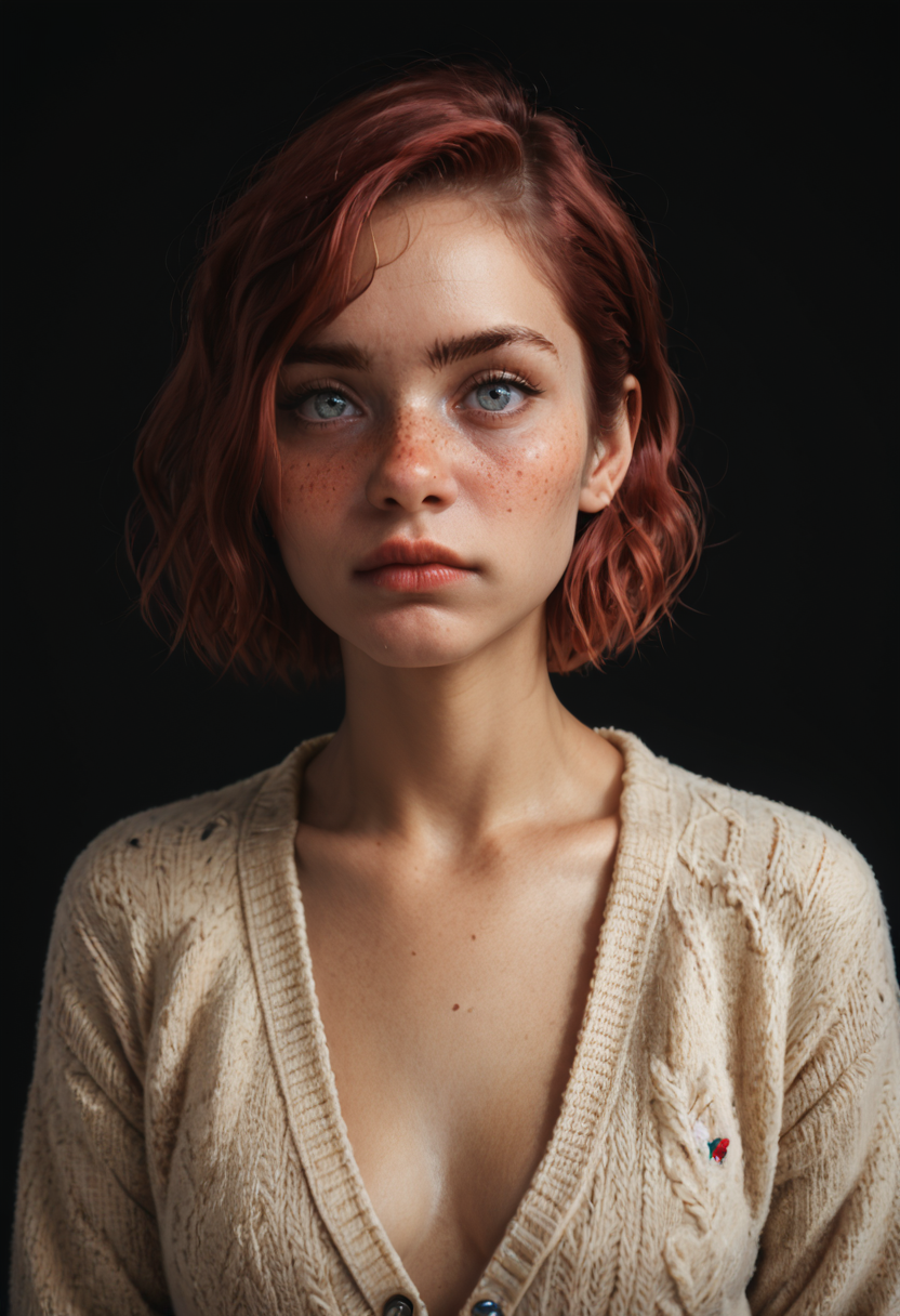 Photography, score_9, score_8_up, score_7_up, score_6_up, score_5_up, score_4_up,, <lora:Bianca-PXL:1> Bianca-PXL, bianca, black background, simple background, portrait, 1girl, solo, nervous, cardigan <lora:eyedetailpxl:1> eyedetailpxl <lora:hairdetailpxl:1> hairdetailpxl <lora:skindetailpxl:1> skindetailpxl,