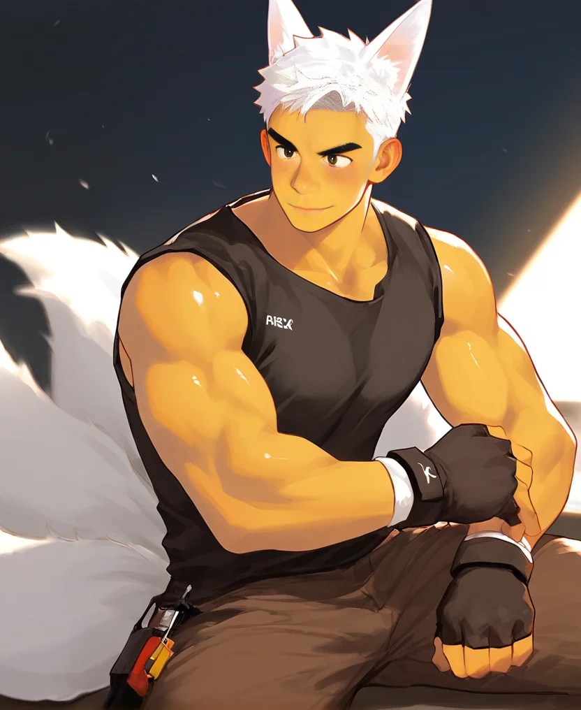 ((source anime)), breeze style, ((anime eyes:1.5, small nose, simple mouth:1.5)), short hair, score_9, score_8_up, score_7_up, Korean, <lora:Expressive_H:1.4>, ((handsome man:1.2, light skin)), (focus male, solo:1.1), masterpiece, best quality, ((1man, 1boy)),
<lora:Breez_Style_Wv7:1>. breeze style, smile,
masterpiece, best quality, amazing quality, 1boy, solo, masterpiece, best quality, animal ears, short hair, muscular, pants, tails, white hair, brown pants, tank top, black tank top, blush,gloves,fox ears,fingerless gloves,fox tail, 9 tails, fox boy, sideburns, volumetric lighting, breeze style, muscular man,