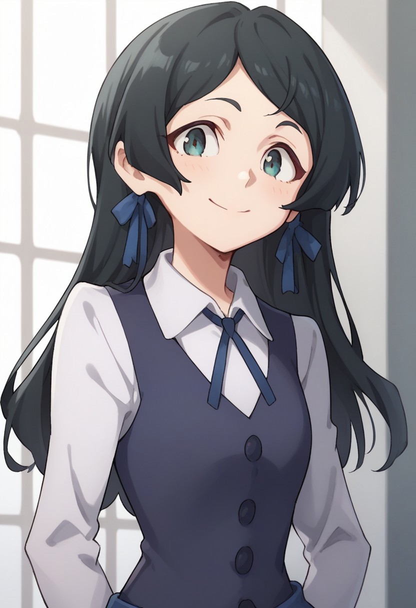 score_9, score_8_up, score_7_up, source_anime, highly detailed, 
barbara, 1girl, luna nova school uniform, solo, school uniform, long hair, smile, black hair, upper body, skirt, standing, looking at viewer, long sleeves, vest, shirt, white shirt, collared shirt, ribbon, neck ribbon,