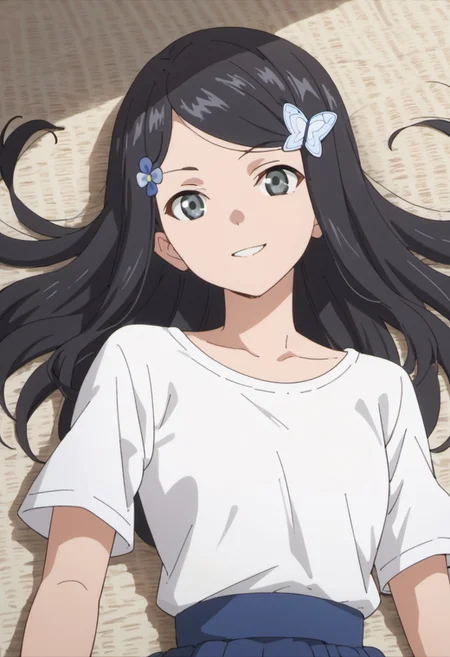 score_9, score_8_up, score_7_up, source_anime, yamano mitsuha, black hair, long hair, grey eyes, 1girl, hair ornament, solo, smile, butterfly hair ornament, anime coloring, lying, on back, hairclip