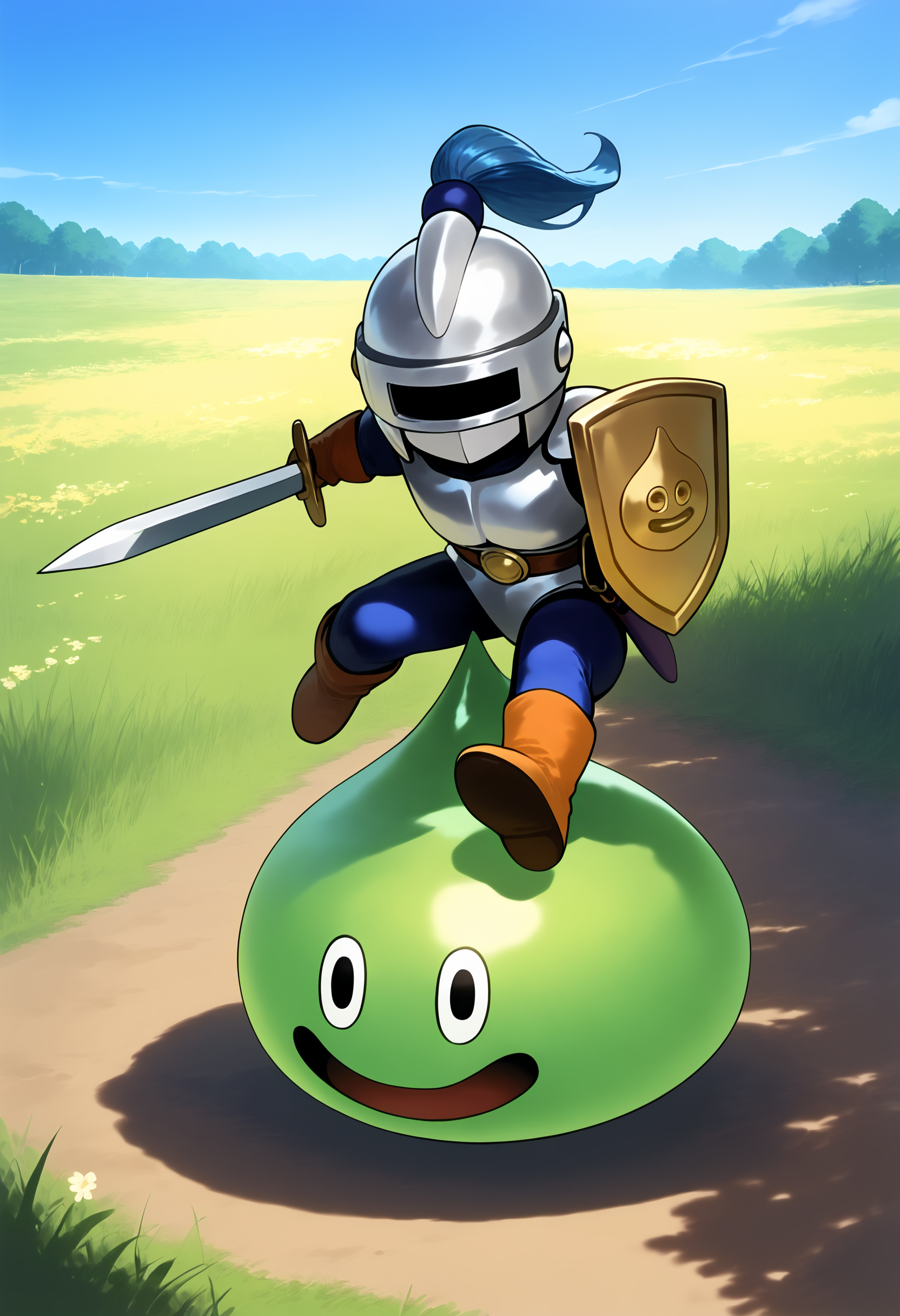 score_9,score_8_up,score_7_up,best quality,masterpiece,super detailed,full_body,zPDXL BREAK nature,field,2others,
<lora:Pony_DetailV2.0:1> BREAK slime knight,slime_(dragon_quest),armor,holding shield,holding sword,helmet,knight,<lora:slime knight-v3-pony:0.7>,running,riding,jumping,flying,