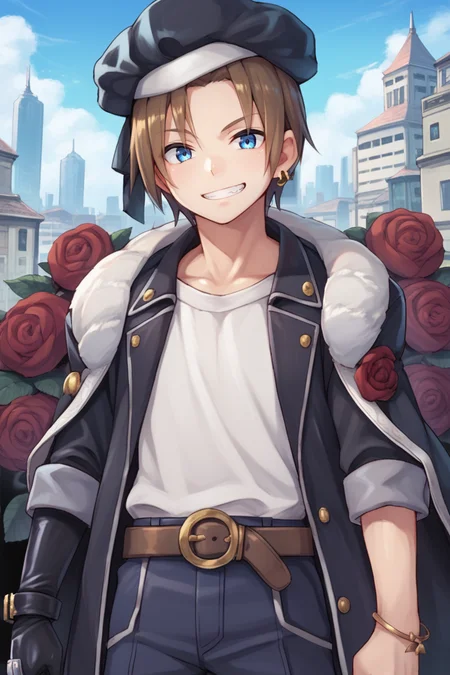 (score_9, score_8_up, score_7_up, score_6_up), source anime, BREAK, <lora:Roswell_Branthese:0.55> , medium hair, RoswDef, 1boy, brown hair, blue eyes, black beret, rose, closed mouth, <lora:VanKaiXL:0.3> , earring, black jacket, fur trim, white shirt, brown belt, black bracelet, black single glove, grin, looking at viewer, solo, <lora:zy_Detailed_Backgrounds_v1:0.5> , detailed background, highly detailed, city, skyscrapers, exterior,