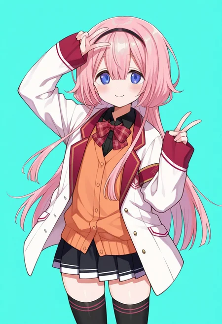 best quality,masterpiece,score_9,score_8_up,source_anime,1girl,solo,(nijisango,flat chest,blue eyes,pink hair,long hair,bangs,hair between eyes,low tied hair,bubble hair,black hairband,nijisangocos,black shirt,collared shirt,long sleeves,plaid bowtie,red bowtie,black skirt,miniskirt,pleated skirt,black thighhighs,orange cardigan,white jacket,open jacket,arm band,sleeves past wrists,<lora:niji-sango-v1.0:1>,)looking at viewer,cowboy shot,smile,double v,arm up,simple background,