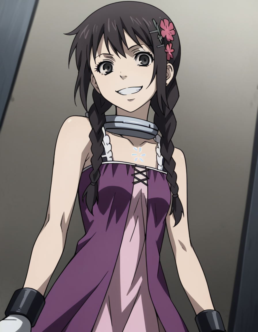 score_9, score_8_up, score_7_up, source_anime,
minatsukitakami, <lora:minatsuki-takami-s1-ponyxl-lora-nochekaiser:1>,
minatsuki takami, long hair, black hair, hair ornament, braid, flower, twin braids, hair over shoulder,
gloves, fingerless gloves, collar, dress, purple dress, collarbone, strap, bare shoulders,
indoors, prison, smile, evil smile, grin,
cowboy shot, looking at viewer, solo, dutch angle,