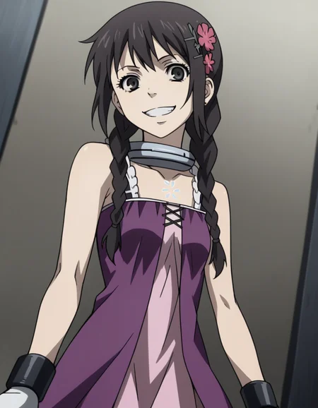 score_9, score_8_up, score_7_up, source_anime,
minatsukitakami, <lora:minatsuki-takami-s1-ponyxl-lora-nochekaiser:1>,
minatsuki takami, long hair, black hair, hair ornament, braid, flower, twin braids, hair over shoulder,
gloves, fingerless gloves, collar, dress, purple dress, collarbone, strap, bare shoulders,
indoors, prison, smile, evil smile, grin,
cowboy shot, looking at viewer, solo, dutch angle,