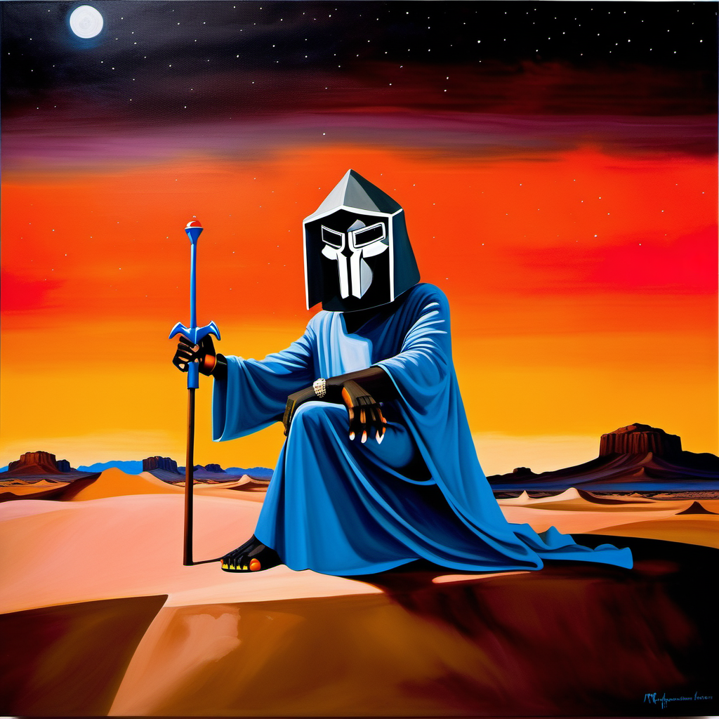 painting of MF DOOM, night time, Desert George Condo Style, horror(theme),  <lora:MBTDF xl-000004:0.9>