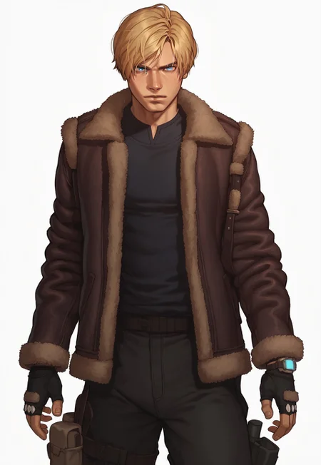 safe_pos, safe_pos, score_9, score_8_up, score_8 ,masterpiece, 4k, high quality, (best quality:1.1), easynegative, bad_pictures, BadDream, g0thicPXL, glowing, neon,, 1boy, solo, blonde hair, blue eyes, fur-trimmed jacket, shirt, watch, fingerless gloves, pants, holster, standing, white background, solo, male