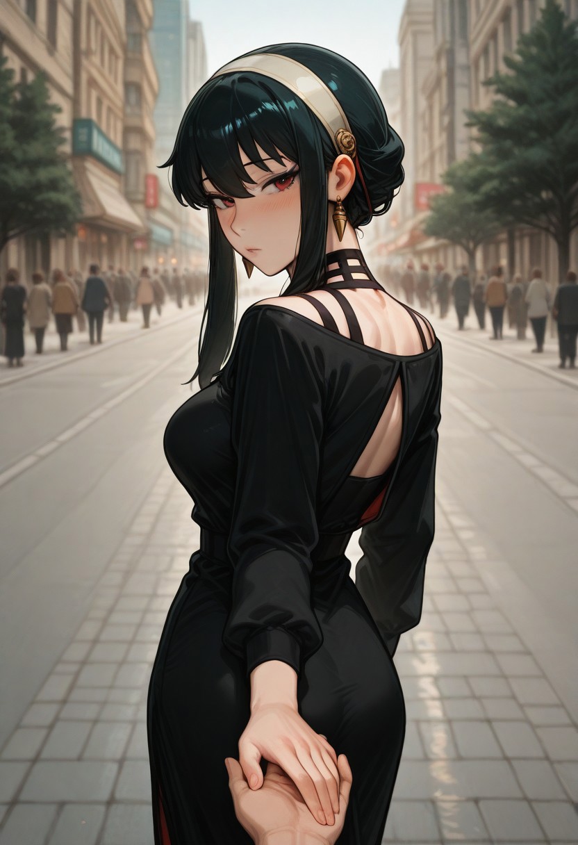 masterpiece, by piaki,  best quality, very detailed, 
1 girl, yor briar, black hair, mature female, black dress, looking back, 
holding hands, from side, looking back, pov hands, standing, looking at viewer, cowboy shot, outdoors, city, tree, street, people, blurry background,
