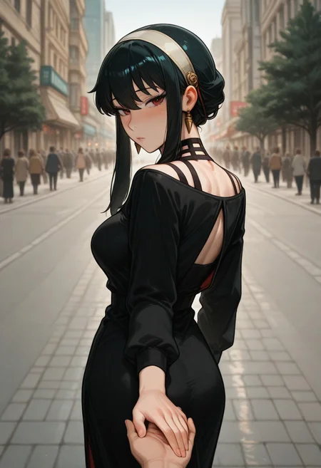 masterpiece, by piaki,  best quality, very detailed, 
1 girl, yor briar, black hair, mature female, black dress, looking back, 
holding hands, from side, looking back, pov hands, standing, looking at viewer, cowboy shot, outdoors, city, tree, street, people, blurry background,