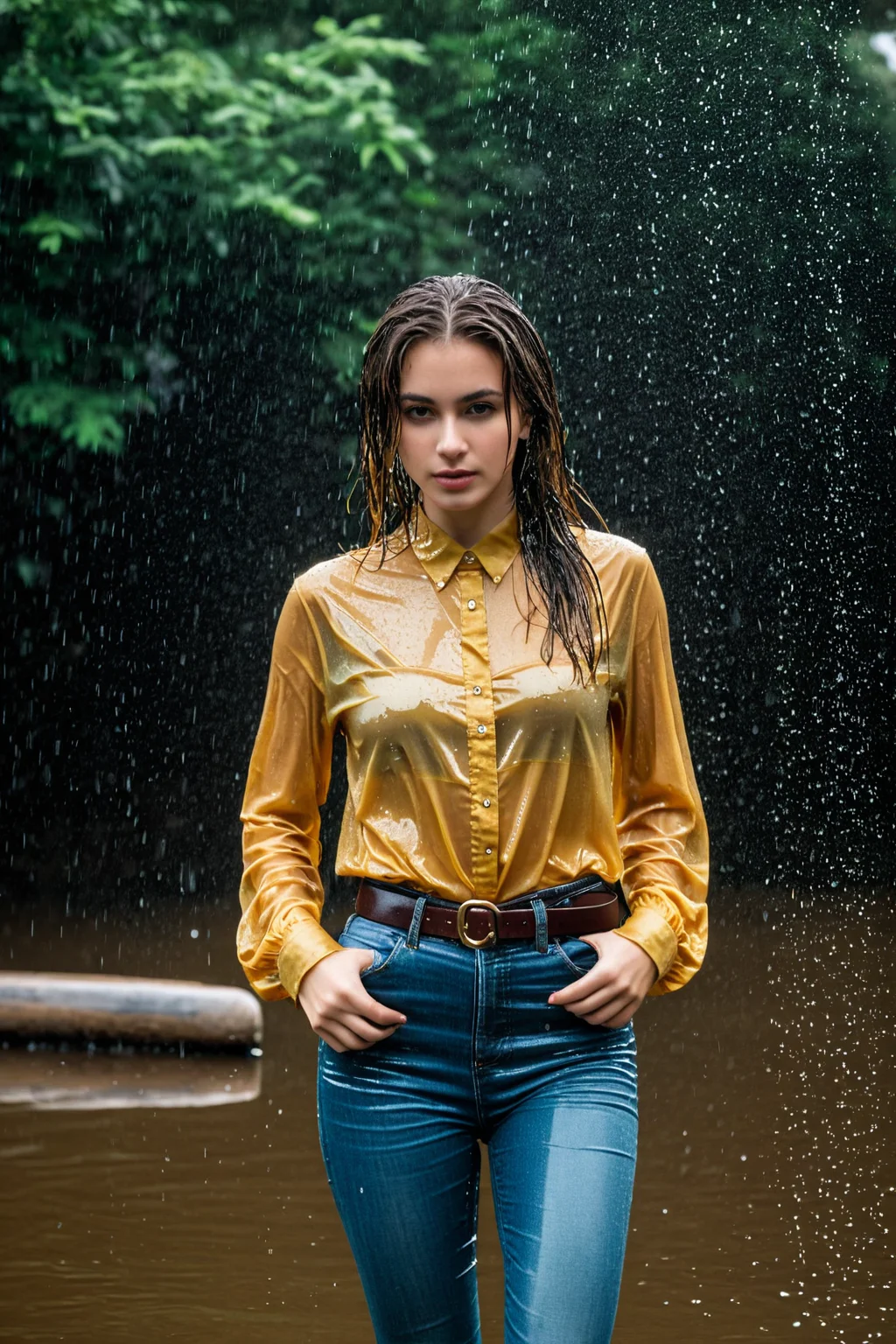 wetgirl, standing in the rain, water drop, wet hair, wet golden silk shirt, shirt tucked into skinny jeans, belt, looking at viewer, photographed on a Fujifilm XT3, 80mm F/1.7 prime lens, cinematic film still, cinestill 500T, highly detailed, masterpiece, highest quality, intricately detailed, HDR, 8k, uhd, photorealistic, <lora:wetgirl_v2:0.75>