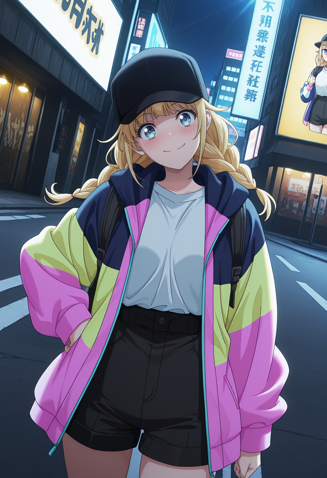 highres, best quality, masterpiece, 
anime screencap,
1girl, solo, blush, prpkeiko, blonde hair, twin braids, blue eyes,
<lora:_eiko_tsukimi-elesico-ilxlA:1>  street, city, billboard, screen, night, lights, outdoors, multicolored jacket, hood, open jacket, baseball hat, black headwear, white shirt, shirt tucked in, black shorts, backpack, dutch angle, smile, hand on own hip, head tilt, looking at viewer,