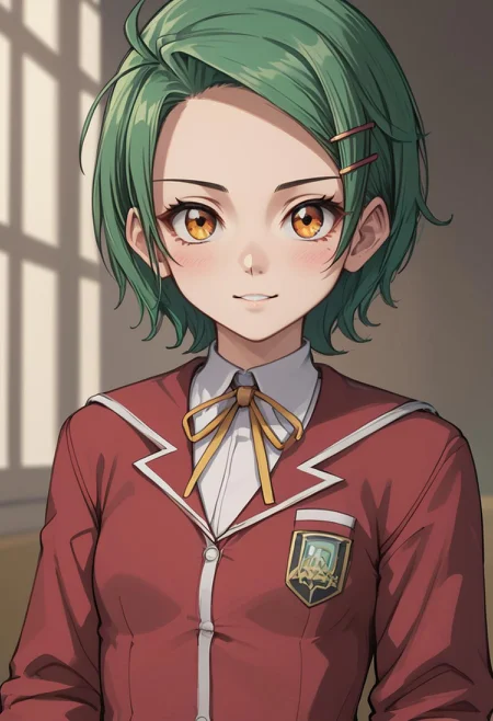 score_4,score_5,score_6,score_7_up,score_8_up,score_9
((masterpiece,best quality,ultra detailed,highres,HD,4k:1.2)),
(small breast:1.2),1 cute girl,solo,
Erika,lime green hair,very short hair,orange eyes,((hairpin)),parted bangs,
school uniform, red cardigan, black miniskirt,