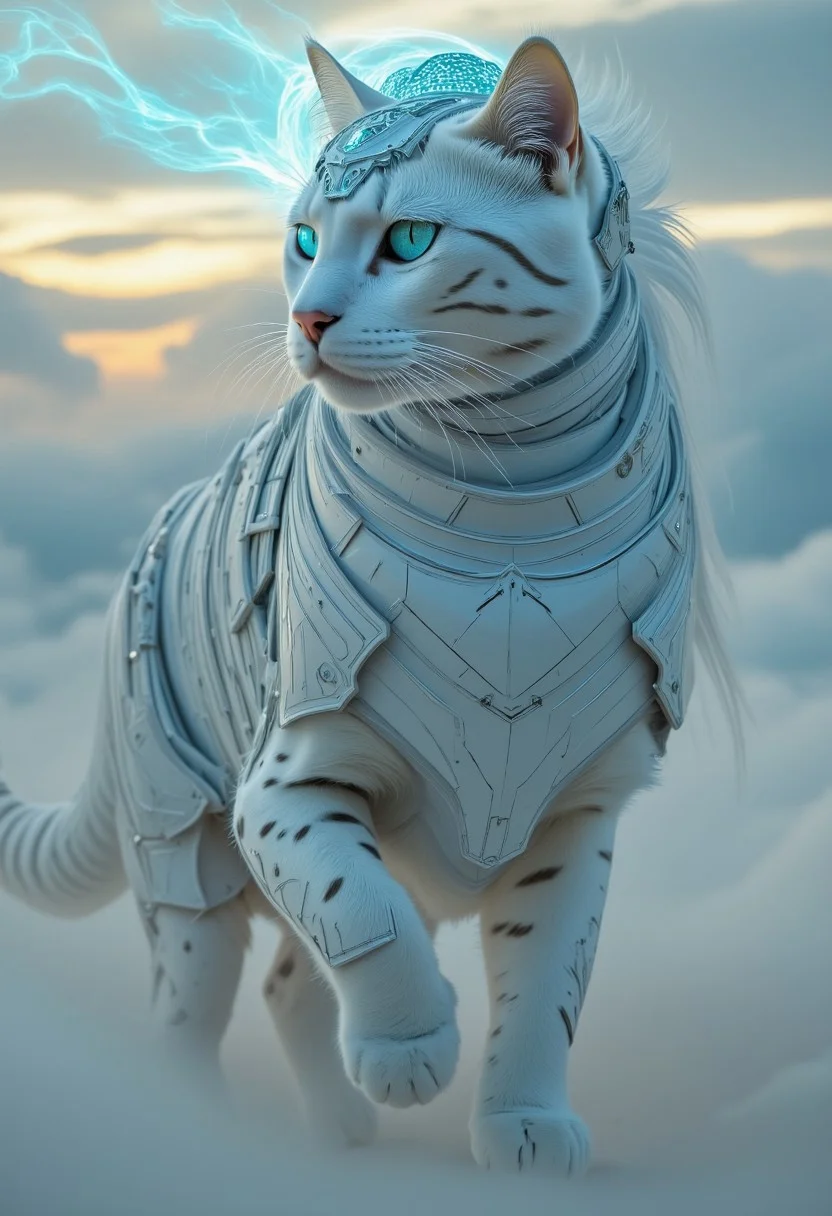 A majestic feline adorned in an intricate white sci-fi armor, gracefully walking across an endless expanse of clouds. The scene is surreal and atmospheric, bathed in ethereal light. Wisps of mist swirl around her paws as she moves effortlessly, as if weightless. Her eyes glow faintly with an otherworldly wisdom, reflecting the vast celestial expanse above. The clouds shimmer with hues of soft blues, silvers, and pale golds, creating a dreamlike, almost divine ambiance. A breathtaking fusion of futuristic technology and mystical elegance, evoking a sense of wonder and transcendence.