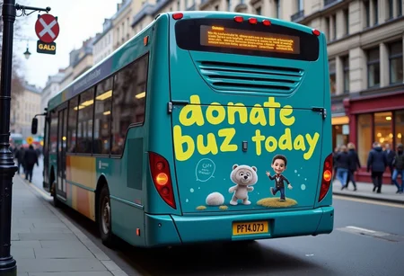 The advertisement on the bus says "donate buzz today"