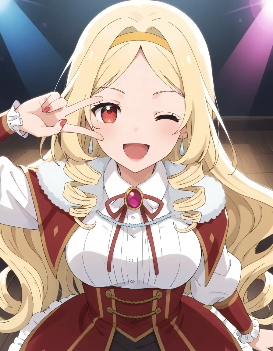 score_9,(best quality,very aesthetic),perfect anatomy,BREAK , 1girl,eleanora,blonde hair, very long hair, drill hair,parted bangs, red eyes,
smile<lora:eleanora_v1:0.8>,one eye closed, ;d, v over eye,open mouth,on stage,spotlight,looking at viewer, from above