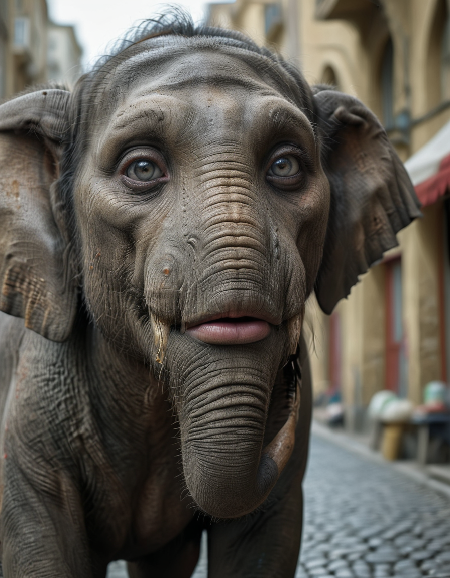 breathtaking ral-drp old town cobblestone street closeup macro side view profile view of the eyes of a furious yelling angry anthropomorphic elephant slobbering, genetically blended mixed with a woman with big lips, professional photograph