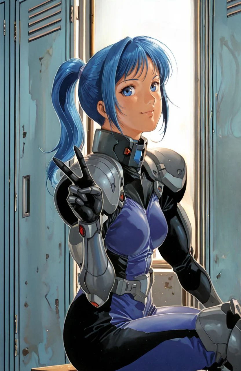 masterpiece,best quality,very aesthetic,absurdres,traditional media,retro artstyle,1girl,mitsuki,long ponytail,blue hair,blue eyes,solo,fortified suit,chin guard,locker room,sunlight,smile,sitting,from side,v,
<lora:Yoshikazu Yasuhiko_illustriousXL:2>,<lora:Hayase>,1980s (style),looking at viewer,<lora:semirealistics:1>,semi-realism,<lora:Cessa_v2:0.4>,<lora:anime_screencap:1>,anime screencap,<lora:Detailer_NoobAI_Incrs_v1:1>,detailed,