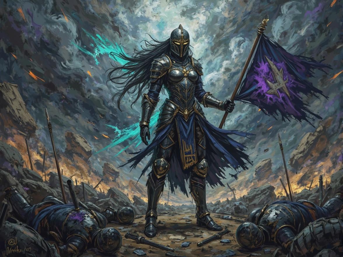 <lora:ck-Ivan-Beslic-Art-Style-000019.safetensors:1> A highly detailed and vibrant digital painting in the style of ck-ib
In a dark and fantastical world, a formidable warrior woman towers over the battlefield, her stance one of victorious defiance. She stands amidst the remnants of a fierce conflict, the ground littered with shattered armor and discarded weapons. Her armor, a masterpiece of ancient craftsmanship, gleams with intricate, almost otherworldly designs that seem to shift and pulse with an inner light. The metal is a deep, steely navy, with hints of glowing cyan and gold that accentuate her imposing presence. Her visored helmet, adorned with arcane symbols, conceals her face, adding an air of enigmatic power and mystery.
Despite the heavy, battle-worn armor, her form-fitting breastplate and the flowing lines of her attire reveal her femininity and strength. Her bare feet, planted firmly on the earth, ground her to the mystical realm she inhabits. In her hand, she holds a tattered, dark purple banner, its edges frayed and torn, yet it still flutters majestically in the wind, symbolizing her triumph over chaos. Her long, flowing hair, caught in the tempest, adds to the dynamic energy of the scene.
The landscape around her is a tapestry of dark, earthy tones—charcoal and muted browns—punctuated by the occasional streak of glowing cyan or gold. The sky above is stormy, with thick, swirling clouds that cast deep shadows over the battlefield, creating a sense of foreboding and mystery. Ethereal mist and colored smoke drift through the air, adding to the otherworldly ambiance. The fallen opponents at her feet, their armor marked by the signs of recent, brutal combat, serve as silent witnesses to her hard-won victory. The scene is a blend of realistic textures and fantastical elements, capturing the essence of epic fantasy and the profound power of the warrior woman.