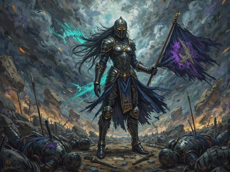 <lora:ck-Ivan-Beslic-Art-Style-000019.safetensors:1> A highly detailed and vibrant digital painting in the style of ck-ib
In a dark and fantastical world, a formidable warrior woman towers over the battlefield, her stance one of victorious defiance. She stands amidst the remnants of a fierce conflict, the ground littered with shattered armor and discarded weapons. Her armor, a masterpiece of ancient craftsmanship, gleams with intricate, almost otherworldly designs that seem to shift and pulse with an inner light. The metal is a deep, steely navy, with hints of glowing cyan and gold that accentuate her imposing presence. Her visored helmet, adorned with arcane symbols, conceals her face, adding an air of enigmatic power and mystery.
Despite the heavy, battle-worn armor, her form-fitting breastplate and the flowing lines of her attire reveal her femininity and strength. Her bare feet, planted firmly on the earth, ground her to the mystical realm she inhabits. In her hand, she holds a tattered, dark purple banner, its edges frayed and torn, yet it still flutters majestically in the wind, symbolizing her triumph over chaos. Her long, flowing hair, caught in the tempest, adds to the dynamic energy of the scene.
The landscape around her is a tapestry of dark, earthy tones—charcoal and muted browns—punctuated by the occasional streak of glowing cyan or gold. The sky above is stormy, with thick, swirling clouds that cast deep shadows over the battlefield, creating a sense of foreboding and mystery. Ethereal mist and colored smoke drift through the air, adding to the otherworldly ambiance. The fallen opponents at her feet, their armor marked by the signs of recent, brutal combat, serve as silent witnesses to her hard-won victory. The scene is a blend of realistic textures and fantastical elements, capturing the essence of epic fantasy and the profound power of the warrior woman.