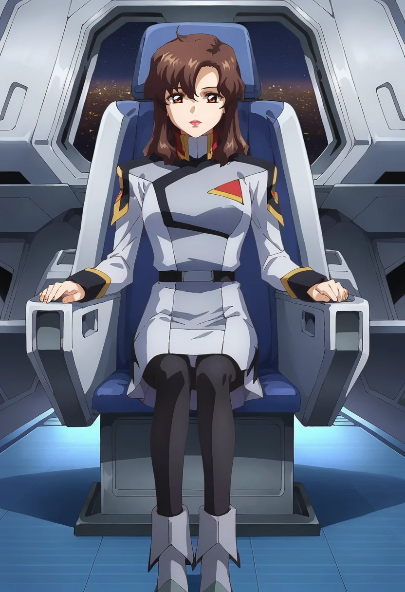 score_9,score_8_up,score_7_up,score_6_up,score_5_up,score_4_up,anime coloring BREAK source_anime,<lora:Murrue_Ramius_Gundam_SEED_Pony:0.8>,murrue,1girl,solo,brown eyes,brown hair,long hair,lipstick,movcoat,movskirt,black pantyhose,grey boots,spacecraft,room,sitting,