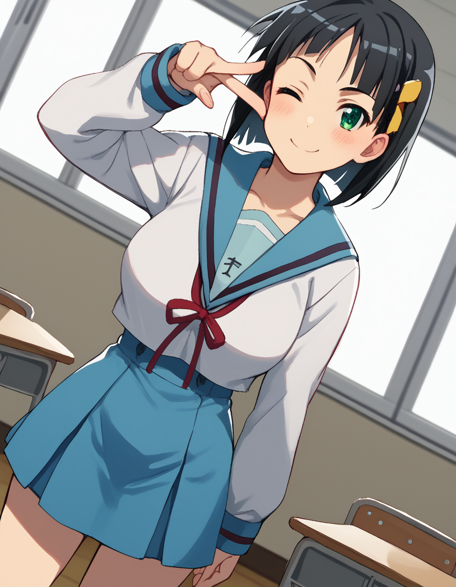 score_9, score_8_up, score_7_up, source_anime, suguhakirigaya, <lora:suguha-kirigaya-s1-ponyxl-lora-nochekaiser:1>, suguha kirigaya, short hair, black hair, hair ornament, hairclip, green eyes, large breasts,, <lora:haruhi-suzumiya-cosplay-ponyxl-lora-nochekaiser:1>, haruhisuzumiyacosplay, suzumiya haruhi \(cosplay\), skirt, long sleeves, school uniform, serafuku, sailor collar, blue skirt, blue sailor collar, winter uniform, kita high school uniform,, classroom, one eye closed, pointing at viewer, smile, blush,, cowboy shot, dutch angle, solo,