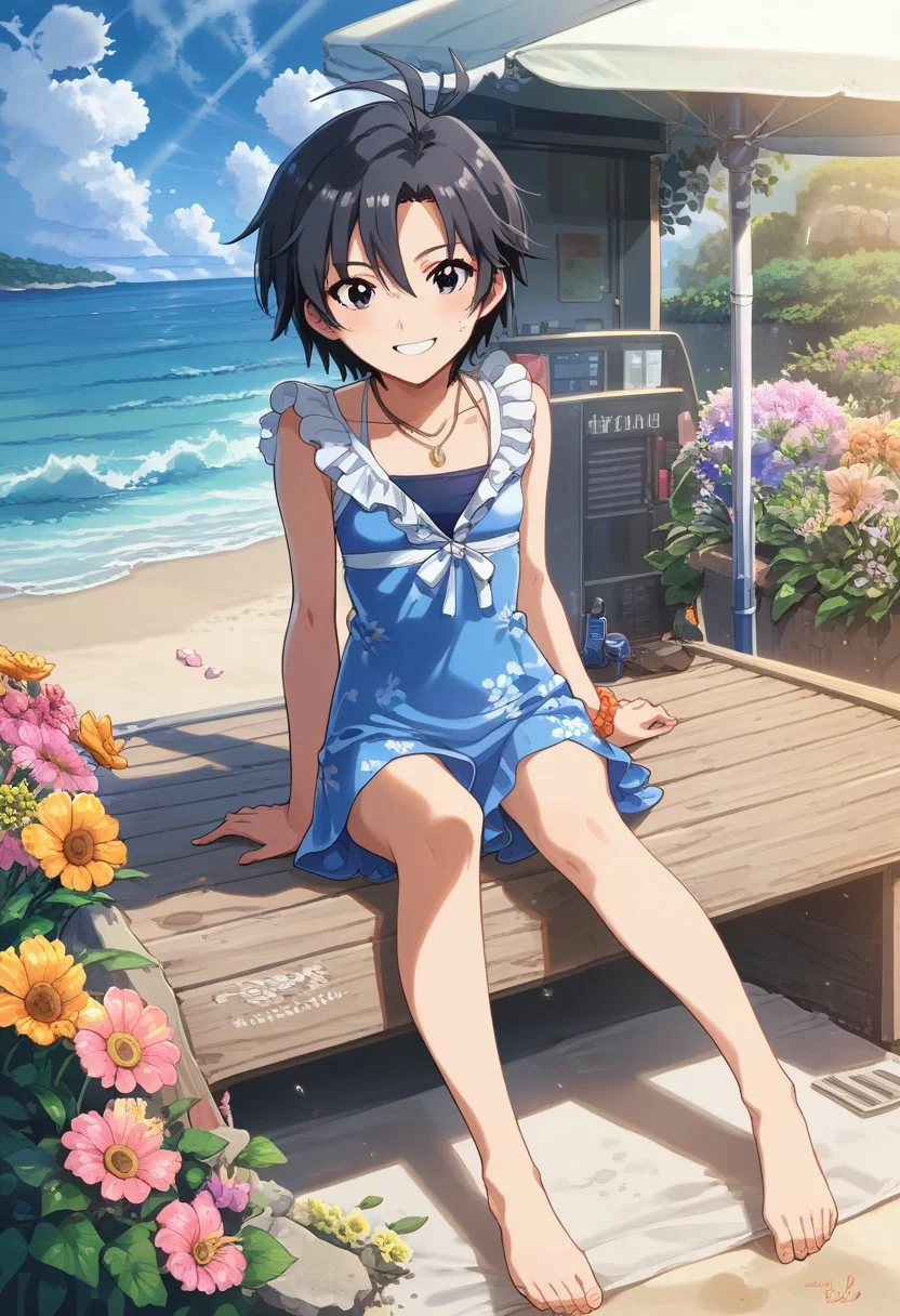score_9, score_8_up, score_7_up, score_6_up, source_anime, <lora:Worldly_XL:1> etailerlora, sunlight, ocean, waves, clouds, flowers, people, 1girl, solo, carefree Kikuchi Makoto at the beach, <lora:KikuchiMakoto_pony_v1:0.9> kkcmkt, short hair, black hair, antenna hair, hair between eyes, black eyes, flat chest, small breasts, smile, barefoot, summer clothes, beachwear, swimwear, <lora:loraeyesxl:0>