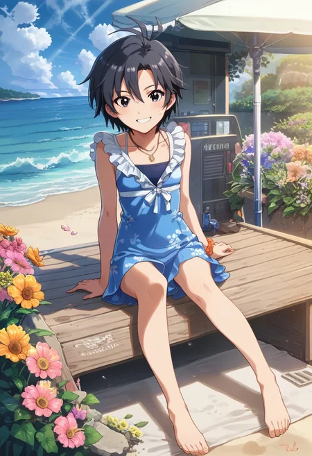 score_9, score_8_up, score_7_up, score_6_up, source_anime, <lora:Worldly_XL:1> etailerlora, sunlight, ocean, waves, clouds, flowers, people, 1girl, solo, carefree Kikuchi Makoto at the beach, <lora:KikuchiMakoto_pony_v1:0.9> kkcmkt, short hair, black hair, antenna hair, hair between eyes, black eyes, flat chest, small breasts, smile, barefoot, summer clothes, beachwear, swimwear, <lora:loraeyesxl:0>