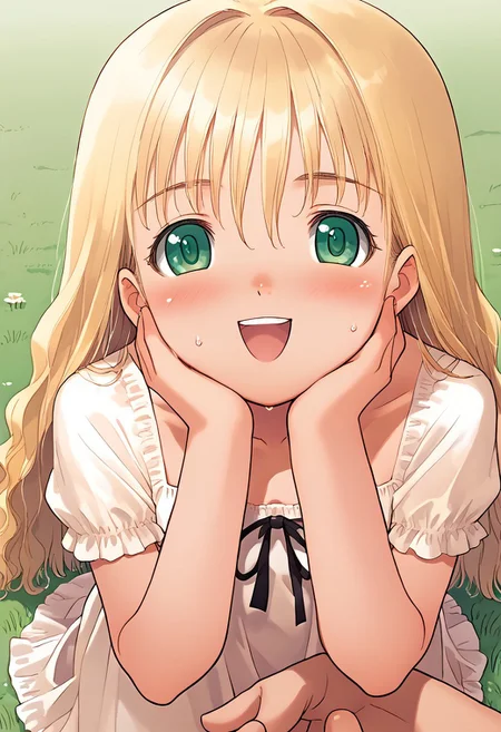 <lora:pony_xl_hortensia:0.9>,hortensia,score_9,score_8_up,score_7_up,source_anime,best quality,masterpiece,super fine illustration,8k,1girl,solo,adorable_girl,green_eyes,happy,very_long_hair,white_long_sundress,summer_light,grass,looking_at_viewer,sweat,cheek squash, hands on another's face, hands on another's cheeks, solo focus, pov hands
