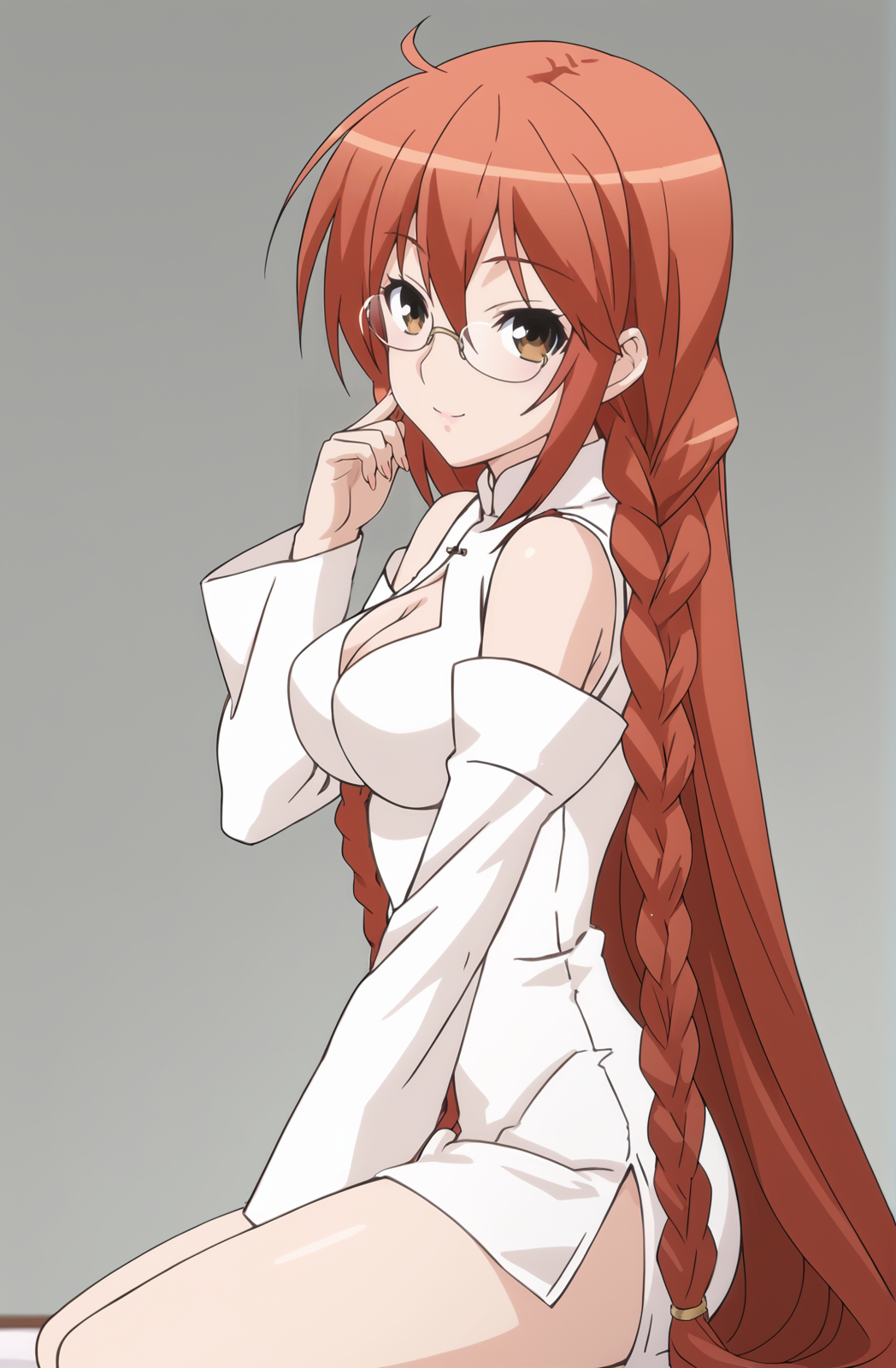source_anime, anime screenshot, cowboy shot, from side, head turned to side, eyes looking at viewer, hand adjusting glasses, 1girl, solo, Matsu, (very long hair:1.1), red hair, (long red hair:1.1), flowing hair, (twin braid:0.8), thin braid, brown eyes, glasses, finger to glasses, soft smile, white dress, cleavage cutout, detached sleeves, china dress, side slit, seiza sitting, kneeling sit, seat cushion, indoor background, plain background
<lora:SekireiSet1:1>, score_9, score_8_up, score_7_up,1girl, solo,masterpiece, best quality, very aesthetic, absurdres
