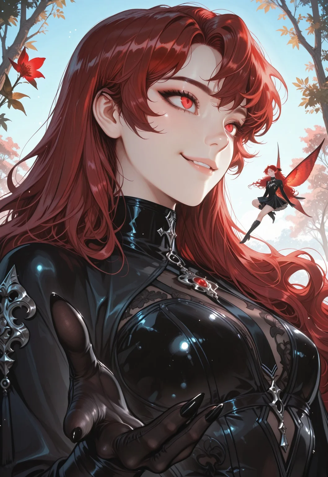 solo, dark red hair, bright red eyes, very long hair, smile, smug, small breasts, black dress, fairy, black and red wings, korean woman, garden background, Mino Han, wavy hair, sleeves, turtleneck, majestic, (shiba eyebrows), feline pupils, bold, black gloves, armor, black long nails, (photorealistic:1.0), manhwa, source_anime, eyelines, black makeup, elegant hairstyle, (korean:1.4), sexy, cool pose, teasing, dynamic pose, flying, jumping, booru, (source_manhwa:2.0), (surreal:1.4), upper body portrait, close-up, day, blue sky, painterly, best quality, amazing quality, intricate detail, highly detailed, newest, highres, 8K, HDR, best quality, absurdres, high quality, dynamic composition, best quality, vibrant colors, holographic colors, gradient colors, foreshortening, dynamic shot