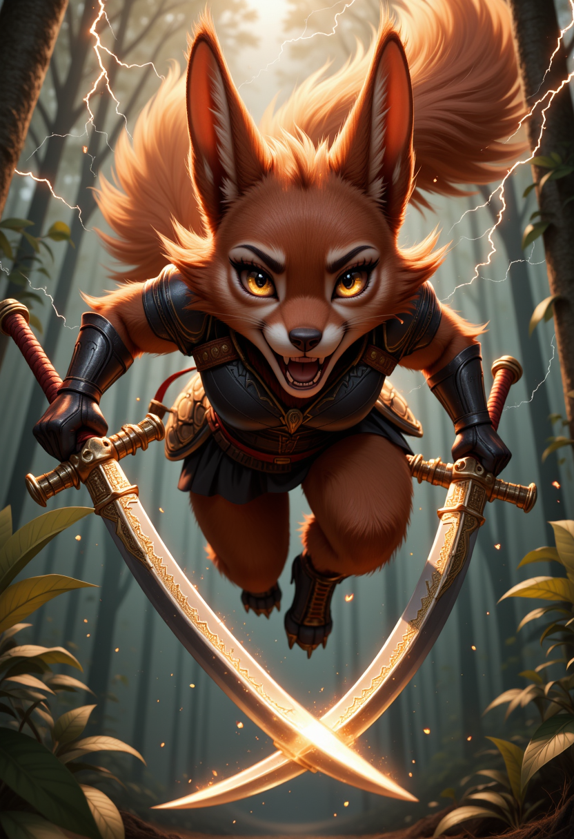FurFemX. The image is a breathtaking digital artwork in a hyper-realistic, semi-realistic style, capturing a ferocious squirrel woman warrior mid-air, her twin curved blades crackling with lightning as she dives toward her prey. Her fur is a striking mix of deep chestnut and fiery auburn, streaked with battle scars, her massive, bushy tail fanning out like a war banner, charged with static energy.
She wears form-fitting, reinforced leather armor, its dark brown and gold design blending seamlessly with the ancient forest around her. A crimson sash flutters wildly at her waist, and fingerless gloves wrap around her clawed fingers, gripping her weapons with unwavering precision. Her piercing amber eyes, filled with the untamed fury of a storm, lock onto a hulking beast emerging from the shadowsâa monstrous predator foolish enough to challenge the queen of the trees.
