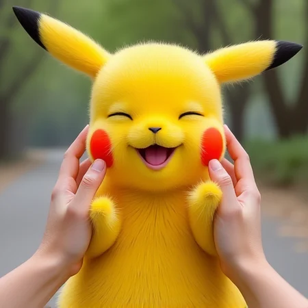 Semi-Realistic, score_9, score_8_up, score_7_up, pikachu, feral, cheek squash, hands on another's face, hands on another's cheeks, solo focus, pov hands, human, happy, eyes closed, standing, headshot portrait,