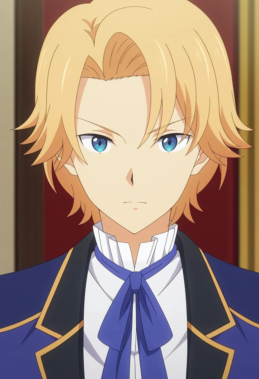 masterpiece, best quality, , anime screencap, anime coloring, official style, looking at viewer, 1boy, solo, male focus, <lora:august_von_earlshide_ilxl:0.92>, august_von_earlshide, blonde hair, blue eyes, short hair, ,