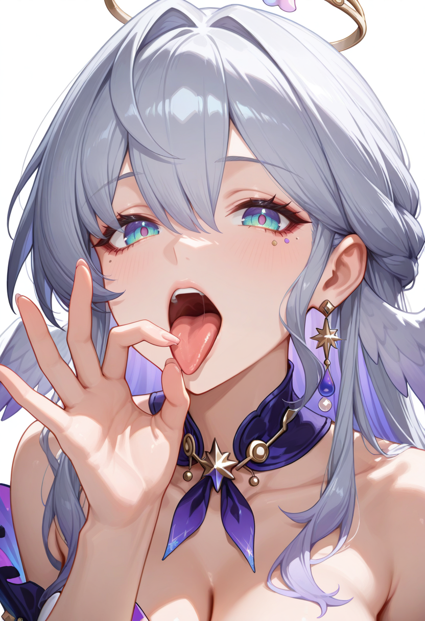 masterpiece, newest, absurdres, best quality, hires, 1girl, robin \(honkai starrail), white background, fellatio gesture, tongue out