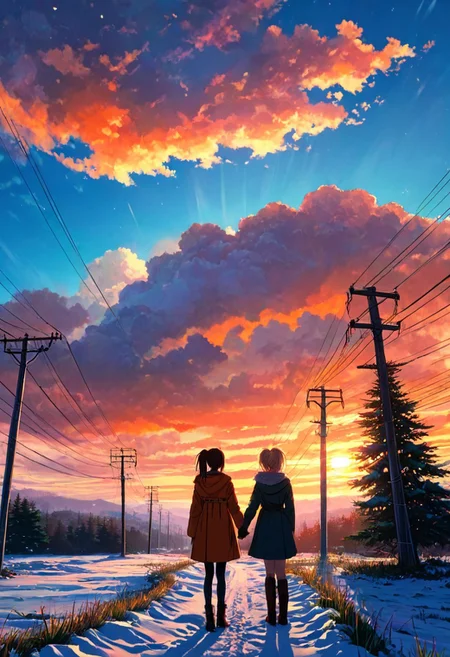 2girls, multiple girls, outdoors, tree, holding hands, power lines, sky, snow, sunset, utility pole, cloud, long hair, coat, scenery, bare tree, winter, from behind, winter clothes, standing, long sleeves, orange sky, short hair, grass, ponytail, 
minimalist flat illustration, serene and surreal scene, 
Wide range of colors, Dramatic, Dynamic, Cinematic, 
Hand drawn flat art illustration, Flat Colour Anime, anime artwork, 
adventure, fantasy, manga-anime, whimsy, 
concept-art, (aerial shot, aesthetic, dreamy, vibrant, vivid), 
textural, artistic, anime style, key-visual, studio anime, beautiful, painterly, 
highly detailed, ultra-detailed, intricate details, absurdres, 
aid291, midjourneyv6.1, h4v_h0l0