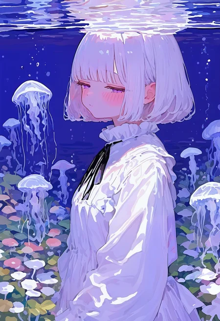 <lora:MF9fMTFYeA==-noobaiXLNAIXL_epsilonPred_V110_V1-CAME>, MF9f, jellyfish, 1girl, solo, purple eyes, white hair, looking at viewer, half-closed eyes, short hair, upper body, bob cut, blush, neck ribbon, lily pad, black ribbon, shirt, long sleeves, from side, closed mouth, blunt bangs, ribbon, dress, frills, mushroom, white shirt, water, underwater, white dress