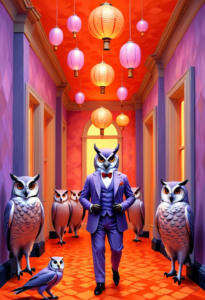 A lavender owl in suspenders guides a troupe of firefly dancers through coral mist, their path lit by bobbing orange lanterns shaped like fruit., impressionist brushwork, soft pastel tones, theatrical lighting, classical composition, exaggerated anatomy, satirical portraiture, uncanny beauty, baroque domestic scenes, elegant poses with grotesque features, vintage interior settings, expressive faces, voyeuristic perspective, stylized realism, surreal proportions, painterly texture